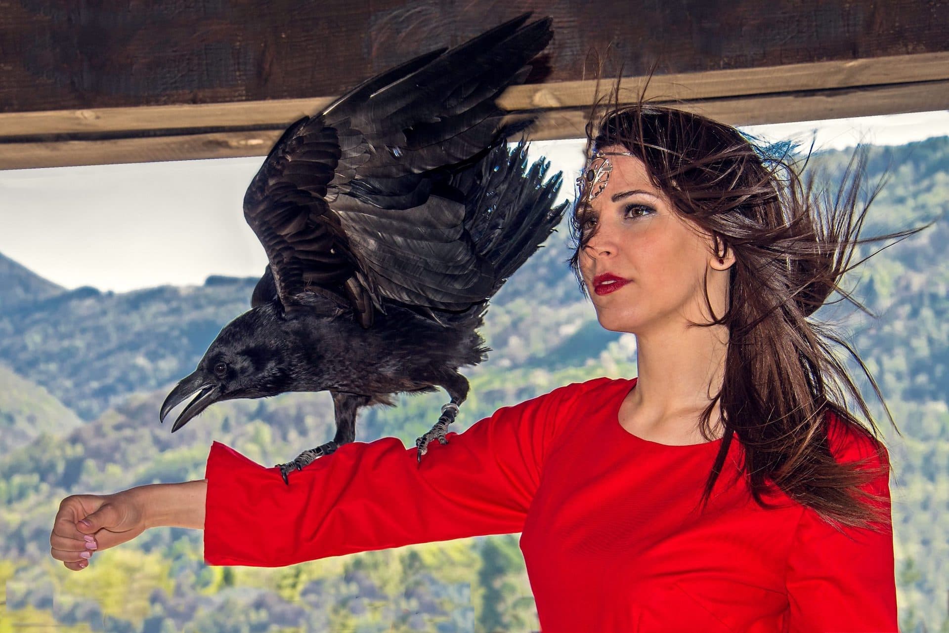 ragazza corvo castello zumelle vestito rosso primo piano