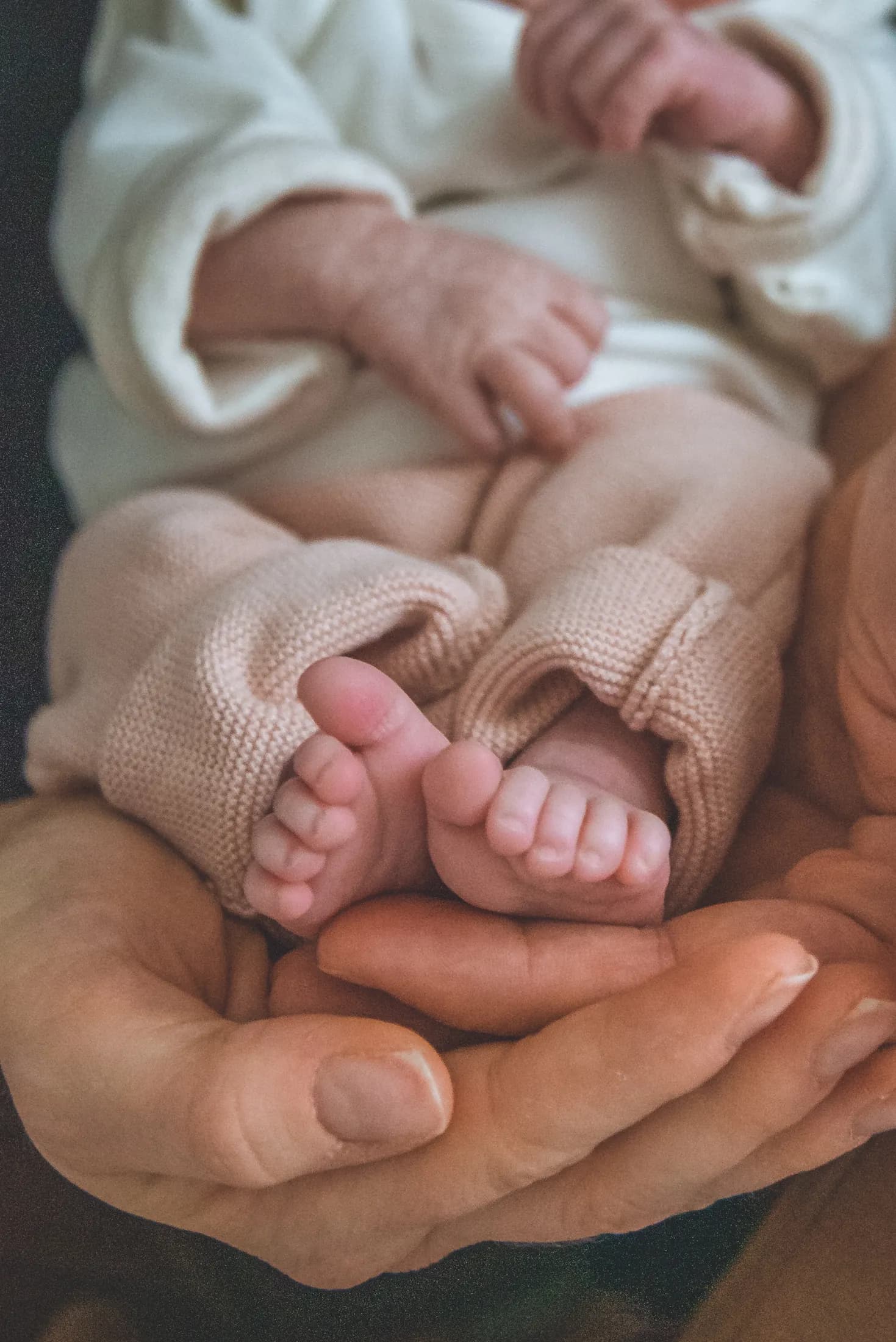 I piedini di un neonato raccolti nelle mani dei genitori