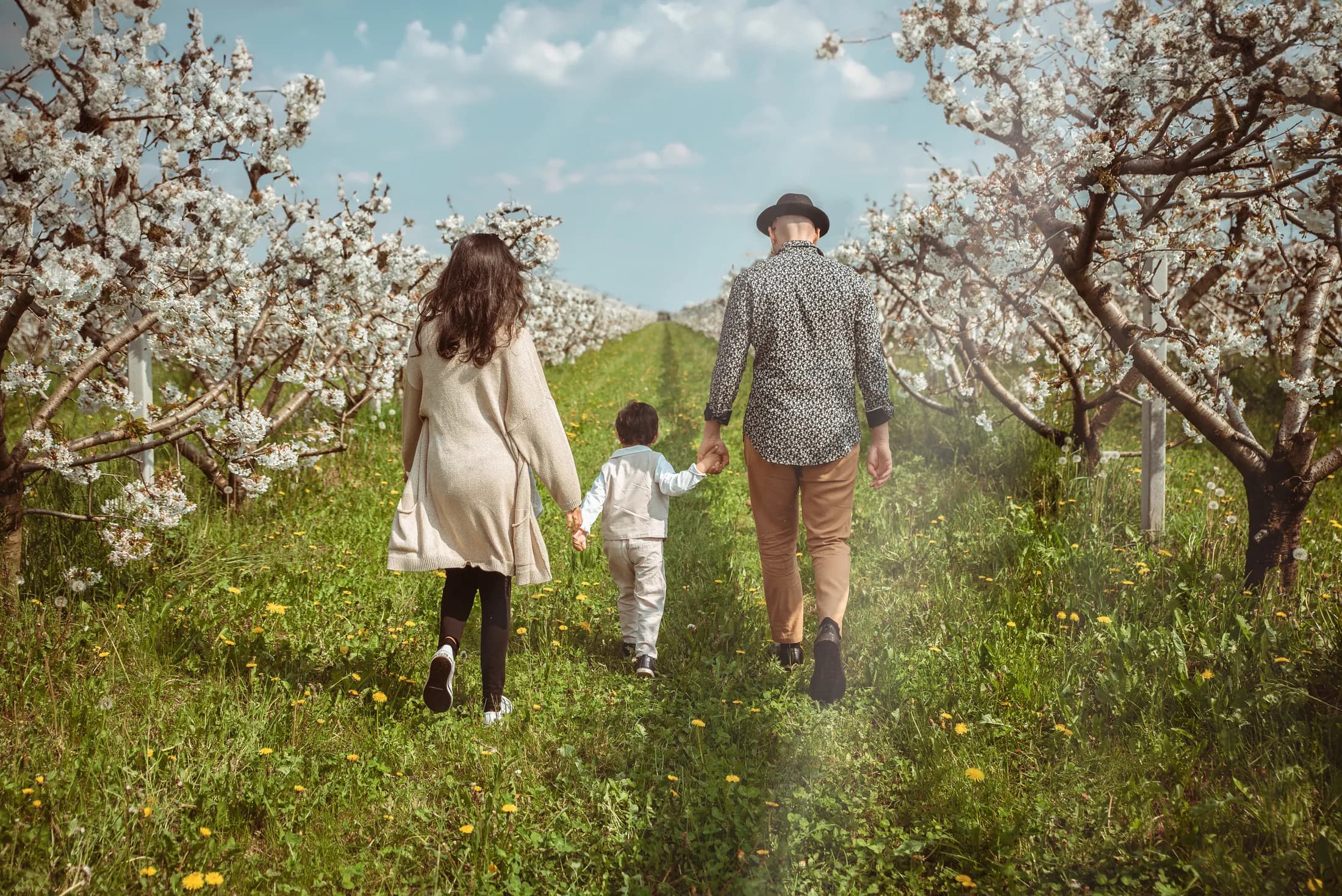 Una famiglia si allontana di spalle lungo un sentiero tra i meli in fiore