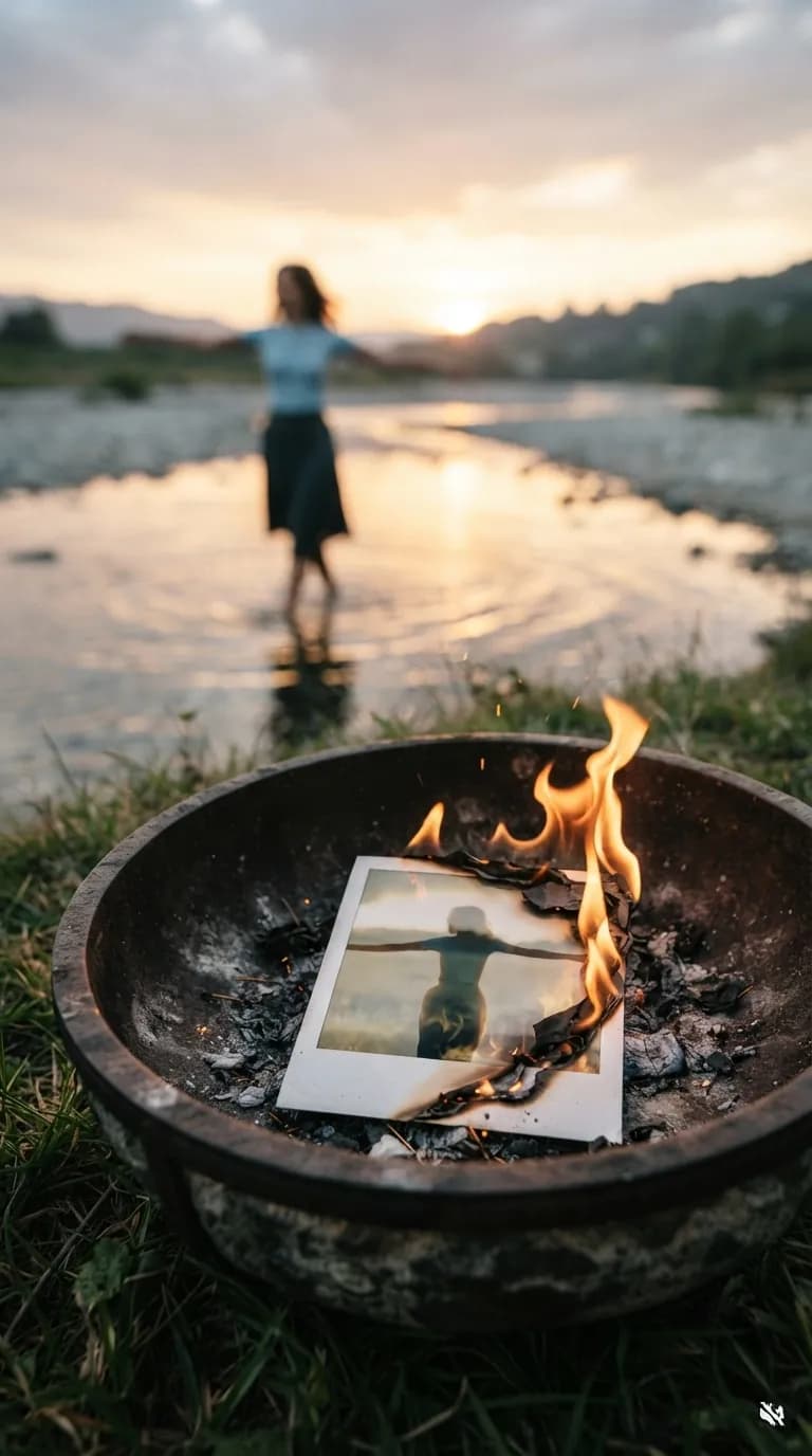 Una Polaroid brucia in un braciere sulla riva del fiume, mentre più lontano una donna apre le braccia nell’acqua al tramonto